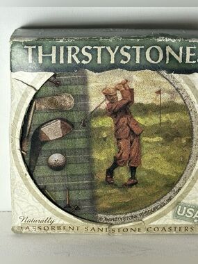 VTG 2000 Thirstystone Lot of 4 Old Time Golf Themed Coasters 4" Round Cork Back